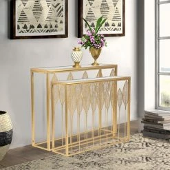 Cheap 🥰 ADECO End Table Set Of 2 Gold Leaves Accent Coffee Nightstands Stool 🥰