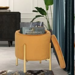 Discount 👍 ADECO Modern Upholstered Velvet Storage Ottoman Round Vanity Chair 👍 -Adeco Shop ADECO Modern Upholstered Velvet Storage Ottoman Round Vanity Chair 2