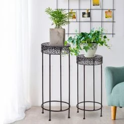 Buy 🌟 ADECO Potted Plant Stand Round Iron Floor Flower Rack Set Of 2 🤩