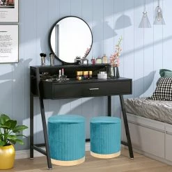 Brand new 👏 ADECO Round Velvet Storage Ottoman, Vanity Footstool (Pack Of 2) Blue 😉 -Adeco Shop ADECO Round Velvet Storage Ottoman2C Vanity Footstool 28Pack of 229 11