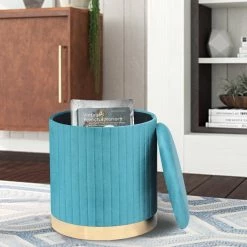 Brand new 👏 ADECO Round Velvet Storage Ottoman, Vanity Footstool (Pack Of 2) Blue 😉 -Adeco Shop ADECO Round Velvet Storage Ottoman2C Vanity Footstool 28Pack of 229 12