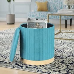 Brand new 👏 ADECO Round Velvet Storage Ottoman, Vanity Footstool (Pack Of 2) Blue 😉 -Adeco Shop ADECO Round Velvet Storage Ottoman2C Vanity Footstool 28Pack of 229 13