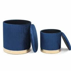 Brand new 👏 ADECO Round Velvet Storage Ottoman, Vanity Footstool (Pack Of 2) Blue 😉 -Adeco Shop ADECO Round Velvet Storage Ottoman2C Vanity Footstool 28Pack of 229 4
