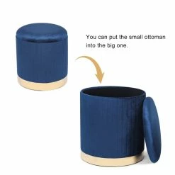 Brand new 👏 ADECO Round Velvet Storage Ottoman, Vanity Footstool (Pack Of 2) Blue 😉 -Adeco Shop ADECO Round Velvet Storage Ottoman2C Vanity Footstool 28Pack of 229 9