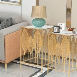 Outlet 🔥 ADECO Square End Table Leaves Metal Coffee Accent Nightstand Set Of 2 🛒 18 Outlet 🔥 ADECO Square End Table Leaves Metal Coffee Accent Nightstand Set Of 2 🛒 -Adeco Shop ADECO Square End Table Leaves Metal Coffee Accent Nightstand Set of 2 4