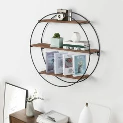 Cheap 🤩 ADECO Wall Shelf Round Floating Shelves Sturdy Wood Metal Stand Decor 💯