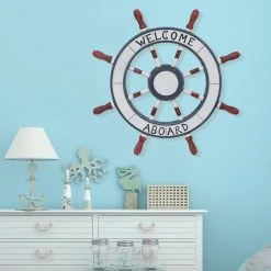 Best Sale ⌛ ADECO Wooden Boat Anchor Crossbar Ship Steering Wheel Wall Decor Beach 👍