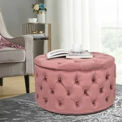 Hot Sale 🥰 Adeco Round Velvet Button Tufted Storage Ottoman 👍