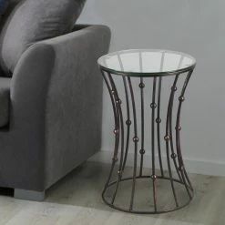 Hot Sale 😀 Adeco Drum Black Metal Coffee Table Round End Table With Glass Top - 15"x 15"x 21.5" 🎁