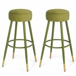 Cheapest 😀 Adeco Bar Stools, Set Of 2 Round Velvet Breakfast Stools Footrest - 20.5"D X 20.5"W X 29.5"H. Green - Golden Circle ❤️ -Adeco Shop Adeco Bar Stools2C Set of 2 Round Velvet Breakfast Stools Footrest 10