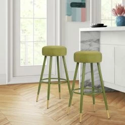 Cheapest 😀 Adeco Bar Stools, Set Of 2 Round Velvet Breakfast Stools Footrest - 20.5"D X 20.5"W X 29.5"H. Green - Golden Circle ❤️