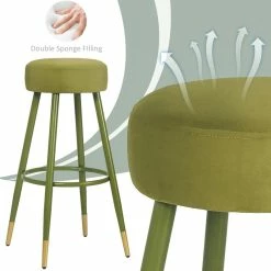 Cheapest 😀 Adeco Bar Stools, Set Of 2 Round Velvet Breakfast Stools Footrest - 20.5"D X 20.5"W X 29.5"H. Green - Golden Circle ❤️ -Adeco Shop Adeco Bar Stools2C Set of 2 Round Velvet Breakfast Stools Footrest 4