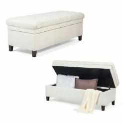 Promo 🛒 Adeco 50" Button Tufted Cushion Padded Linen Storage Ottoman Bench ✨ -Adeco Shop Adeco Button Tufted Cushion Padded Linen Storage Ottoman 4