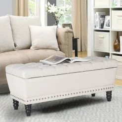 Deals 😀 Adeco Button Tufted Trapezoid Storage Ottoman Bench Grey 🛒