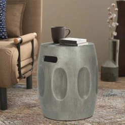 Brand new ⌛ Adeco Concrete End Table With Handles Round Drum-Shaped Side Table 🔥