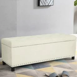 Wholesale 😍 Adeco Deluxe Beige Linen Storage Ottoman Bench With Nailhead Trim 🛒