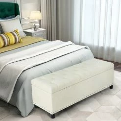 Wholesale 😍 Adeco Deluxe Beige Linen Storage Ottoman Bench With Nailhead Trim 🛒 -Adeco Shop Adeco Deluxe Storage Ottoman Bench 7