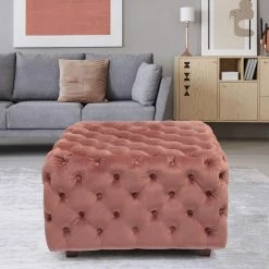 Brand new ❤️ Adeco Square Tufted Fabric, Bench Footstool With Wood Legs Ottomans & Storage Ottomans (RED) 😍