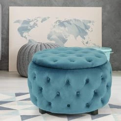 Best reviews of ⭐ Adeco Tufted Blue Round Storage Ottoman 👏 -Adeco Shop Adeco FT0276 BLUE Round Storage2C Fabric Foot Rest and Seat2C Wood Legs2C Height 18 Inch Ottomans 26 Storage Ottomans 28Blue29 2