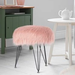Best Sale 😍 Adeco Faux Fur Ottoman Foot Rest Stool Fluffy Accent Stool Pink 🌟
