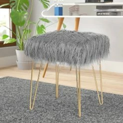 Best Pirce 🤩 Adeco Faux Ottoman Vanity Stool With Metal Legs For Bedroom Pink 😍 -Adeco Shop Adeco Faux Fur Ottoman Vanity Stool with Metal Legs for Bedroom 13