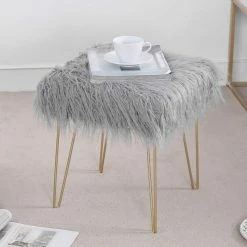 Best Pirce 🤩 Adeco Faux Ottoman Vanity Stool With Metal Legs For Bedroom Pink 😍 -Adeco Shop Adeco Faux Fur Ottoman Vanity Stool with Metal Legs for Bedroom 14