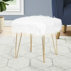 Best Pirce 🤩 Adeco Faux Ottoman Vanity Stool With Metal Legs For Bedroom Pink 😍