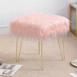 Best Pirce 🤩 Adeco Faux Ottoman Vanity Stool With Metal Legs For Bedroom Pink 😍 -Adeco Shop Adeco Faux Fur Ottoman Vanity Stool with Metal Legs for Bedroom 6