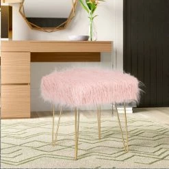 Best Pirce 🤩 Adeco Faux Ottoman Vanity Stool With Metal Legs For Bedroom Pink 😍 -Adeco Shop Adeco Faux Fur Ottoman Vanity Stool with Metal Legs for Bedroom 7