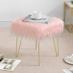 Best Pirce 🤩 Adeco Faux Ottoman Vanity Stool With Metal Legs For Bedroom Pink 😍 -Adeco Shop Adeco Faux Fur Ottoman Vanity Stool with Metal Legs for Bedroom 8