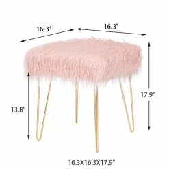 Best Pirce 🤩 Adeco Faux Ottoman Vanity Stool With Metal Legs For Bedroom Pink 😍 -Adeco Shop Adeco Faux Fur Ottoman Vanity Stool with Metal Legs for Bedroom 9