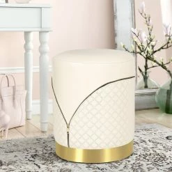 Buy 😍 Adeco Faux Leather Ottoman, Upholstered Vanity Stools Lattice Zipper Brown 👏