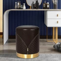 Buy 😍 Adeco Faux Leather Ottoman, Upholstered Vanity Stools Lattice Zipper Brown 👏 -Adeco Shop Adeco Faux Leather Ottoman2C Upholstered Vanity Stools Lattice Zipper 8