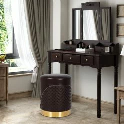 Buy 😍 Adeco Faux Leather Ottoman, Upholstered Vanity Stools Lattice Zipper Brown 👏 -Adeco Shop Adeco Faux Leather Ottoman2C Upholstered Vanity Stools Lattice Zipper 9