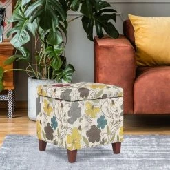 Hot Sale 🔔 Adeco Floral Printed Linen Cube Storage Ottoman Footrest Footstool Multi ❤️