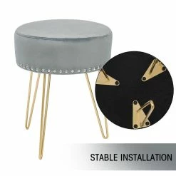 New 🧨 Adeco Footstool Round Ottoman Velvet 👗 Dressing Stool Gold Metal Legs Grey ✔️ -Adeco Shop Adeco Footstool Round Ottoman Velvet Dressing Stool Gold Metal Legs 10