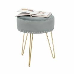 New 🧨 Adeco Footstool Round Ottoman Velvet 👗 Dressing Stool Gold Metal Legs Grey ✔️ -Adeco Shop Adeco Footstool Round Ottoman Velvet Dressing Stool Gold Metal Legs 12