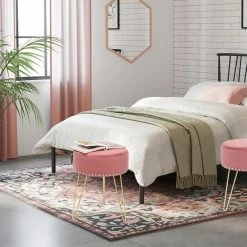 New 🧨 Adeco Footstool Round Ottoman Velvet 👗 Dressing Stool Gold Metal Legs Grey ✔️ -Adeco Shop Adeco Footstool Round Ottoman Velvet Dressing Stool Gold Metal Legs 14