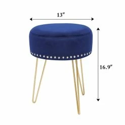 New 🧨 Adeco Footstool Round Ottoman Velvet 👗 Dressing Stool Gold Metal Legs Grey ✔️ -Adeco Shop Adeco Footstool Round Ottoman Velvet Dressing Stool Gold Metal Legs 2