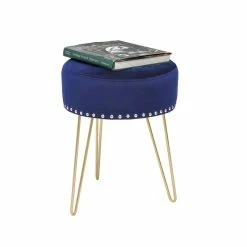 New 🧨 Adeco Footstool Round Ottoman Velvet 👗 Dressing Stool Gold Metal Legs Grey ✔️ -Adeco Shop Adeco Footstool Round Ottoman Velvet Dressing Stool Gold Metal Legs 4
