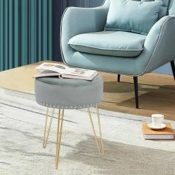 New 🧨 Adeco Footstool Round Ottoman Velvet 👗 Dressing Stool Gold Metal Legs Grey ✔️ -Adeco Shop Adeco Footstool Round Ottoman Velvet Dressing Stool Gold Metal Legs 6