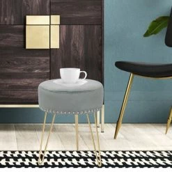 New 🧨 Adeco Footstool Round Ottoman Velvet 👗 Dressing Stool Gold Metal Legs Grey ✔️ -Adeco Shop Adeco Footstool Round Ottoman Velvet Dressing Stool Gold Metal Legs 7
