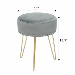 New 🧨 Adeco Footstool Round Ottoman Velvet 👗 Dressing Stool Gold Metal Legs Grey ✔️ -Adeco Shop Adeco Footstool Round Ottoman Velvet Dressing Stool Gold Metal Legs 8