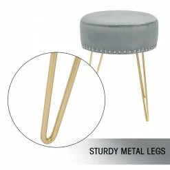 New 🧨 Adeco Footstool Round Ottoman Velvet 👗 Dressing Stool Gold Metal Legs Grey ✔️ -Adeco Shop Adeco Footstool Round Ottoman Velvet Dressing Stool Gold Metal Legs 9