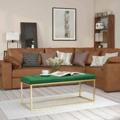 Best Pirce 💯 Adeco Green Upholstered Tufted Velvet Ottoman Bench,Golden Metal Base ⌛