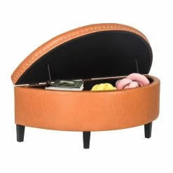 Hot Sale 🤩 Adeco Half Moon Storage Ottoman Lift Top Entryway Or Bed Bench Grey 🔔 -Adeco Shop Adeco Half Moon Storage Ottoman Bench Lift Top Faux Leather Entryway 6