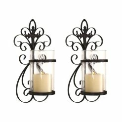Outlet ⌛ Adeco Set Of 2 Vertical Wall Hanging Candle Holder Sconce - 6.7 Inches High X 3.74 Inches ⌛ -Adeco Shop Adeco Iron and Glass Vertical Wall Hanging Candle Holder Sconce 28Set of 229 1