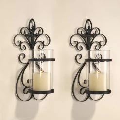 Outlet ⌛ Adeco Set Of 2 Vertical Wall Hanging Candle Holder Sconce - 6.7 Inches High X 3.74 Inches ⌛ -Adeco Shop Adeco Iron and Glass Vertical Wall Hanging Candle Holder Sconce 28Set of 229 4