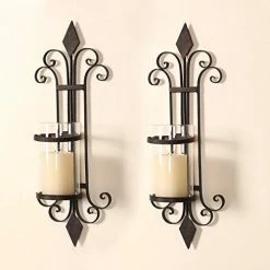 Best deal 😉 Adeco Iron And Glass Scroll And Diamond Design Single Pillar Vertical Wall Hanging Candle Holder Sconce (Set Of 2) 😉