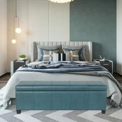 Flash Sale ✔️ Adeco Large Storage Ottoman Bench End Of Bed Bench Rectangular Leather Grey 🎉